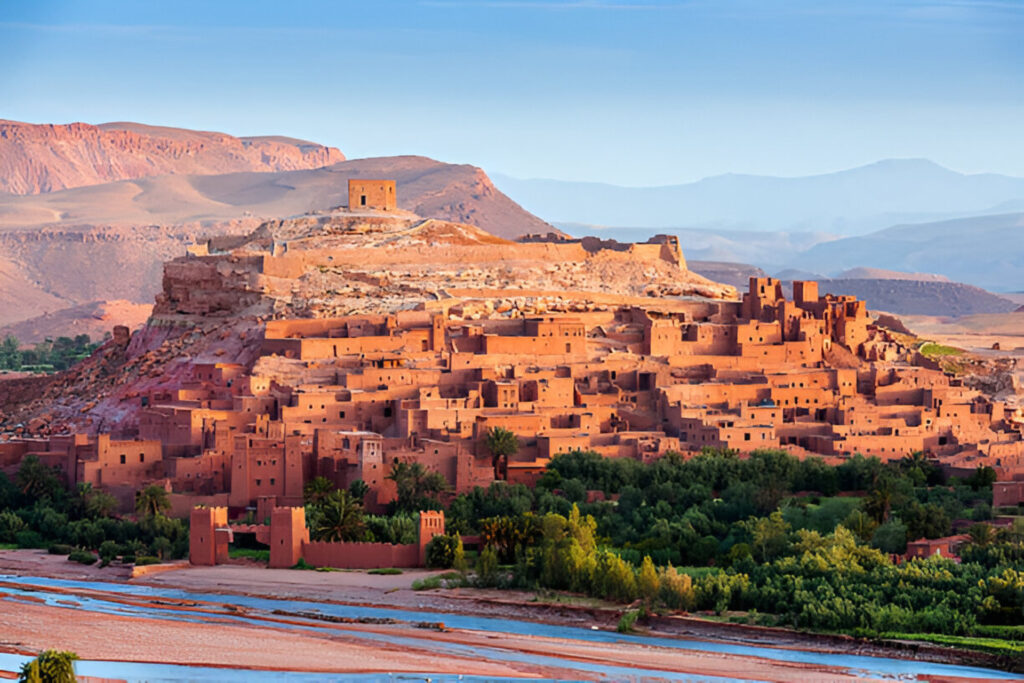 Panoramic view of Ait Benhaddou kasbah and traditional mud-brick village in southern Morocco.