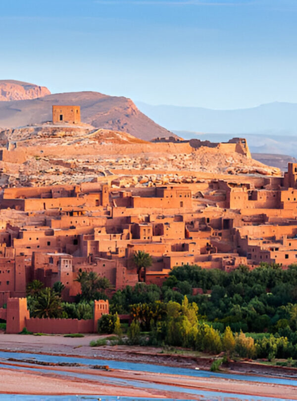 Panoramic view of Ait Benhaddou kasbah and traditional mud-brick village in southern Morocco.