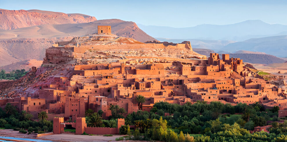 Panoramic view of Ait Benhaddou kasbah and traditional mud-brick village in southern Morocco.