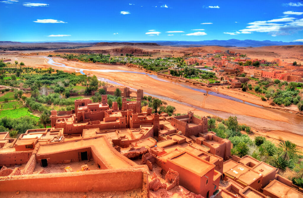 Panoramic view of Ait Benhaddou kasbah and traditional mud-brick village in southern Morocco.