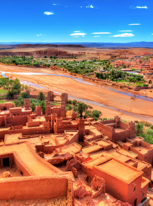Panoramic view of Ait Benhaddou kasbah and traditional mud-brick village in southern Morocco.