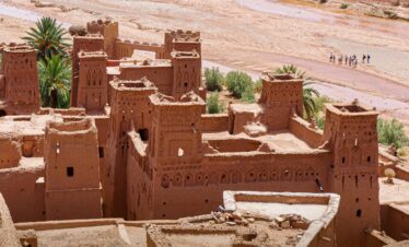 Traditional mud-brick houses in the historic village of Ait Benhaddou, Morocco.