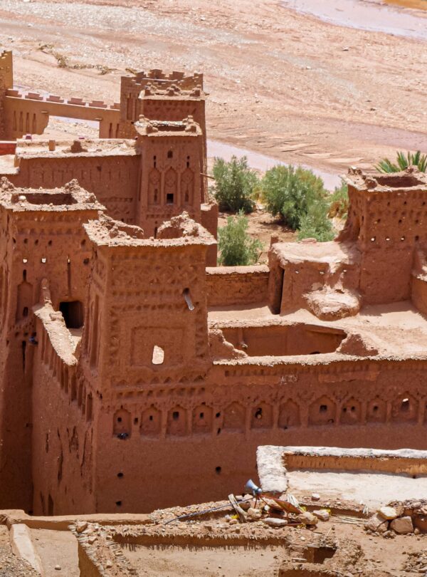Traditional mud-brick houses in the historic village of Ait Benhaddou, Morocco.