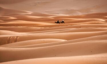 Panoramic view of the golden sand dunes of the Sahara Desert in Erg Chebbi Merzouga Morocco