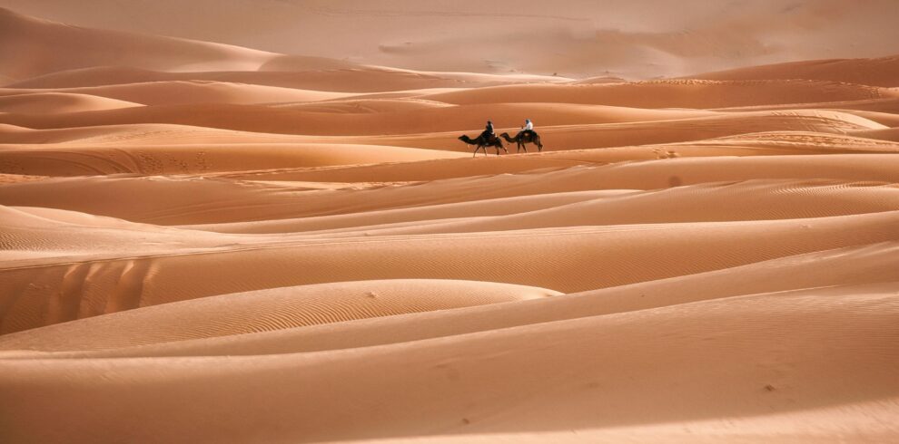 Panoramic view of the golden sand dunes of the Sahara Desert in Erg Chebbi Merzouga Morocco